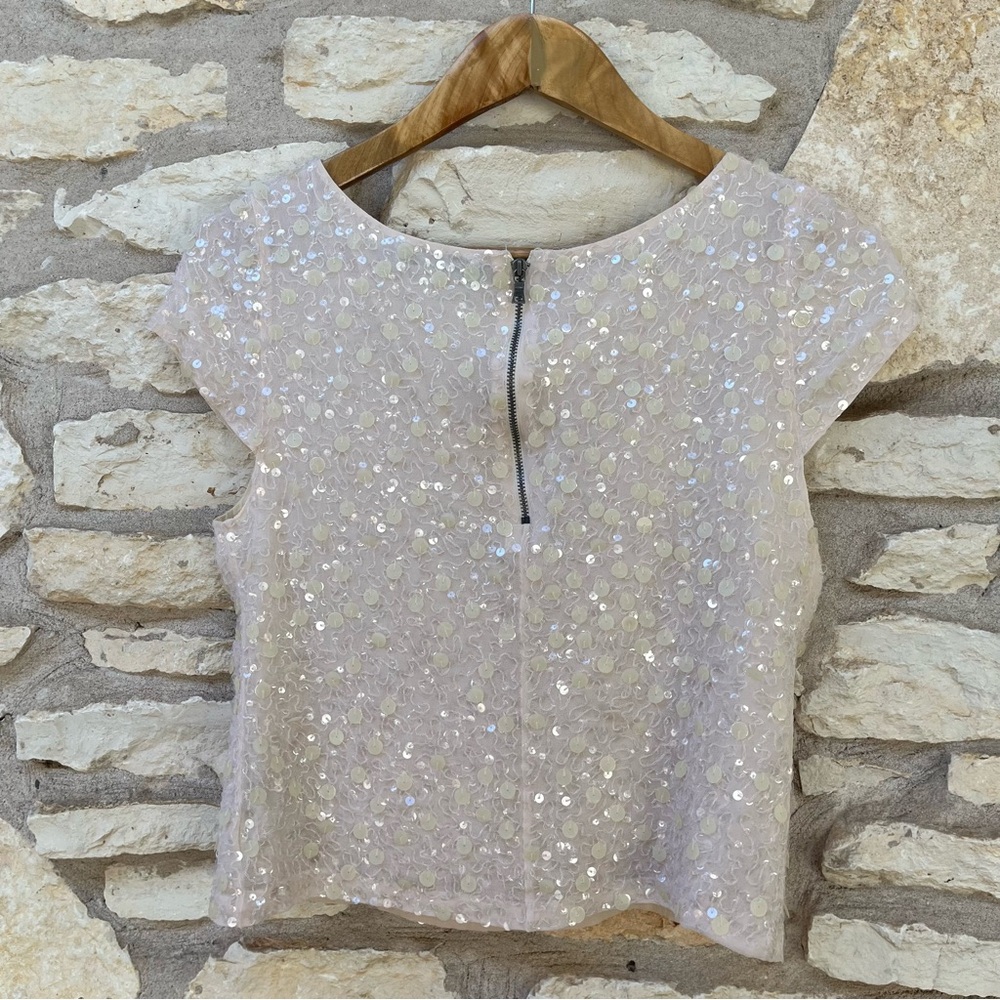 Alice + Olivia Sarita Sequin-Embellished Silk Crop Top Pink Small - Picture 7 of 7